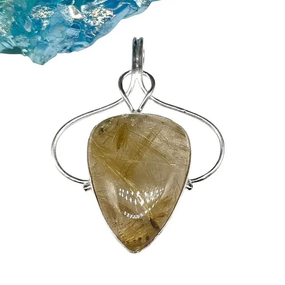 Golden Rutilated Quartz Necklace Pendant Solid 925 Sterling Silver Gold Rutile